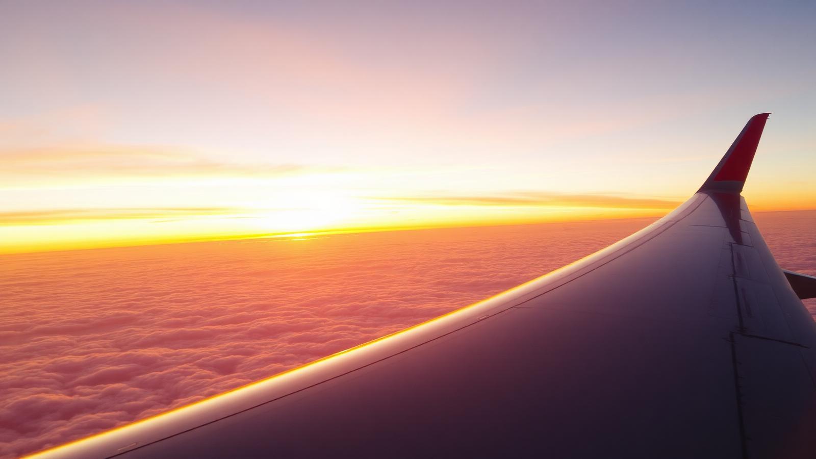 Aile d'avion au-dessus des nuages au coucher du soleil