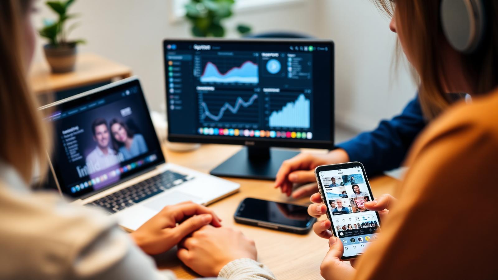 Équipe marketing travaillant sur les réseaux sociaux et l'identité de marque